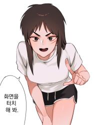 Rule 34 | 1girl, black eyes, black shorts, breasts, brown hair, commentary request, cowboy shot, dolphin shorts, facial scar, genderswap, genderswap (mtf), highres, index finger raised, itou kaiji, kaiji, korean commentary, korean text, leaning forward, long hair, looking at viewer, medium breasts, open mouth, round teeth, scar, scar on cheek, scar on face, scar on hand, shirt, short bangs, short sleeves, shorts, siho is alien, simple background, smile, solo, t-shirt, teeth, translation request, upper teeth only, white background, white shirt