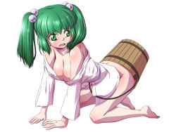 Rule 34 | 1girl, all fours, bottomless, breasts, bucket, chamupei, cleavage, closed eyes, green eyes, green hair, hair bobbles, hair ornament, in bucket, in container, japanese clothes, kimono, kisume, large breasts, long hair, aged up, open mouth, solo, textless version, thighs, touhou, twintails, white background, wooden bucket, yukata