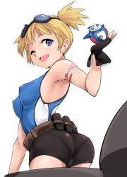 Rule 34 | 10s, 1girl, animal costume, armlet, armpits, ass, bare shoulders, belt, bird, black gloves, blonde hair, blue eyes, blush, breasts, covered erect nipples, cowboy shot, familiar, fingerless gloves, fujiwara shun&#039;ichi, gloves, goggles, goggles on head, granblue fantasy, leotard, looking at viewer, one eye closed, open mouth, pengie, penguin, penguin costume, shiny clothes, shiny skin, short hair, short shorts, short twintails, shorts, simple background, smile, solo, twintails, white background, wink