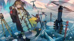 Rule 34 | 1girl, aamond, absurdres, arknights, armor, backpack, bag, bird, blush, brown eyes, brown hair, closed mouth, company name, copyright name, gloves, highres, long sleeves, looking at viewer, magallan (arknights), medium hair, multicolored hair, official art, outdoors, penguin, smile, solo, standing, white gloves, white hair