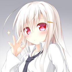 Rule 34 | 1girl, blush, gradient background, hair ornament, hairclip, lethe-shion, looking at viewer, necktie, original, red eyes, shirt, solo, upper body, white hair, white shirt