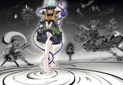 5girls bare_legs bare_shoulders barefoot bat_(animal) blonde_hair detached_sleeves devilkillerx dress eyeball floral_print frilled_skirt frilled_sleeves frills from_below geta green_hair green_skirt greyscale hata_no_kokoro holding holding_scythe japanese_clothes kaku_seiga katana kimono komeiji_koishi konpaku_youmu konpaku_youmu_(ghost) long_hair long_sleeves mary_janes medium_hair monochrome multiple_girls no_headwear okobo onozuka_komachi platform_sandals puffy_short_sleeves puffy_sleeves rose_print sandals scythe shirt shoes short_hair short_sleeves skirt socks sword third_eye touhou very_long_hair vest weapon yellow_shirt