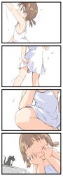Rule 34 | 1girl, 4koma, animal, bare shoulders, black cat, brown eyes, brown hair, cat, closed eyes, closed mouth, clothes theft, comic, dress, flat chest, furrowed brow, ham (points), hands on own face, motion lines, original, panties, short bangs, short hair, short twintails, silent comic, sweat, tears, theft, twintails, underwear, underwear theft, wavy mouth, white dress, white panties