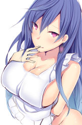 Rule 34 | 1girl, apron, ass, blue hair, blush, breasts, cleavage, daiaru, iris heart, large breasts, long hair, looking at viewer, naked apron, neptune (series), power symbol, power symbol-shaped pupils, red eyes, sideboob, smile, solo, symbol-shaped pupils