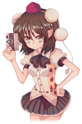 Rule 34 | 1girl, bad id, bad pixiv id, black hair, bow, bowtie, camera, cream (nipakupa), female focus, hat, leaf print, looking at viewer, miniskirt, pointy ears, pom pom (clothes), puffy short sleeves, puffy sleeves, shameimaru aya, short hair, short sleeves, simple background, skirt, smile, solo, tokin hat, touhou, white background