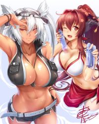 Rule 34 | 10s, 2girls, :d, arm up, bare shoulders, belt, between breasts, bikini, bikini top only, bottle, bracelet, breasts, brown eyes, brown hair, cleavage, cloud, collarbone, dark skin, dark-skinned female, dated, glasses, hair between eyes, headgear, holding, jewelry, kantai collection, large breasts, long hair, looking at viewer, multiple girls, musashi (kancolle), navel, necklace, okitakung, one eye closed, open mouth, ponytail, ramune, red eyes, ripples, sarong, short shorts, shorts, sidelocks, signature, sky, smile, sun, swimsuit, wading, water, wet, white bikini, yamato (kancolle)