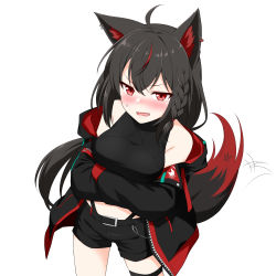 Rule 34 | 1girl, absurdres, ahoge, animal ears, black hair, blush, braid, crop top, crossed arms, dutch angle, earrings, felutiahime, fox ears, fox tail, highres, hololive, jacket, jacket partially removed, jewelry, kurokami fubuki, long hair, midriff, multicolored hair, navel, open mouth, red eyes, red hair, shorts, side braid, simple background, solo, streaked hair, sweat, sweatdrop, tail, thigh strap, virtual youtuber, white background