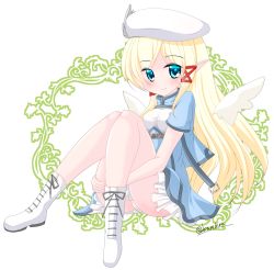 Rule 34 | 1girl, beret, blonde hair, blue eyes, blue jacket, blue skirt, blush, boots, breasts, closed mouth, commentary request, cross-laced footwear, detached wings, frilled skirt, frills, hat, hugging own legs, jacket, kanijiru, lace-up boots, long hair, original, panties, pointy ears, shirt, short sleeves, sidelocks, sitting, skirt, small breasts, smile, solo, underwear, very long hair, white hat, white legwear, white panties, white shirt, white wings, wings