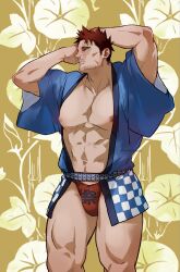 Rule 34 | 1boy, abs, aqua eyes, arms up, boku no hero academia, cowboy shot, endeavor (boku no hero academia), facial hair, floral background, furikakepappa, happi, highres, japanese clothes, looking at viewer, male focus, male underwear, muscular, muscular male, pectorals, red male underwear, scar, scar across eye, short sleeves, stubble, underwear