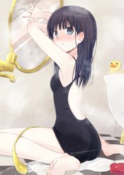 Rule 34 | 1girl, amagami, ass, ayatsuji tsukasa, back, bad id, bad pixiv id, bare legs, bare shoulders, barefoot, bathroom, black hair, blue eyes, blush, checkered floor, chm (macharge), feet, floor, from behind, legs, long hair, looking at viewer, looking back, mirror, one-piece swimsuit, rubber duck, shower head, showering, sitting, solo, spill, steam, swimsuit, toes, wariza, water, wet