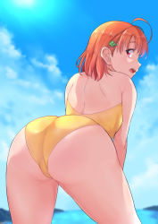 Rule 34 | 10s, 1girl, ahoge, ass, ass focus, back, bent over, breasts, clover hair ornament, day, four-leaf clover hair ornament, hair ornament, highres, kanabun, looking back, love live!, love live! sunshine!!, medium breasts, one-piece swimsuit, open mouth, orange hair, outdoors, pink eyes, short hair, solo, swimsuit, takami chika, teeth, upper teeth only, yellow one-piece swimsuit