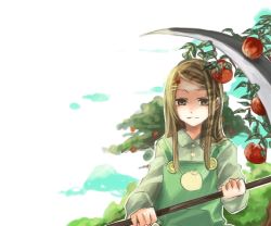 Rule 34 | apple, bad id, bad pixiv id, brown hair, elysion, food, food-themed clothes, fruit, hair ornament, hairpin, key (baby-mom), scythe, sicle, smile, solo, sound horizon, yield
