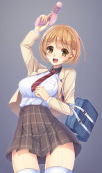 Rule 34 | 10s, 1girl, alternate breast size, bag, blush, breast pocket, breasts, brown eyes, brown hair, brown skirt, duffel bag, highres, large breasts, long sleeves, looking at viewer, narusawa ryouka, necktie, occultic;nine, open mouth, plaid, plaid skirt, pocket, red necktie, shirt tucked in, short hair, skirt, smile, solo, teeth, thighhighs, umitonakai, white thighhighs