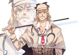 Rule 34 | 1boy, blonde hair, brown capelet, brown headwear, brown jacket, cane, capelet, collared shirt, commentary, detective, facial hair, hat, highres, hinghoi, holding, holding cane, hololive, hololive english, holomyth, jacket, long sleeves, looking at viewer, male focus, manly, multiple views, mustache, mustache print, necktie, red neckwear, scar, sherlock holmes, shirt, standing, upper body, virtual youtuber, watson amelia, watson amelia (1st costume), white background, white shirt, wing collar