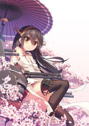 Rule 34 | 10s, 1girl, black hair, black thighhighs, brown eyes, cherry blossoms, flower, hairband, haruna (kancolle), headgear, japanese clothes, kantai collection, kuro-kun (nablack), long hair, looking at viewer, nontraditional miko, oil-paper umbrella, petals, ribbon-trimmed sleeves, ribbon trim, skirt, smile, solo, thighhighs, turret, umbrella