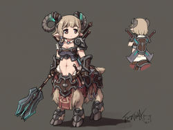 Rule 34 | 1girl, armor, boobplate, breastplate, brown eyes, centauroid, closed mouth, full body, gloves, holding, holding weapon, hooves, horns, jewelry, langbazi, light brown hair, mace, midriff, monster girl, multiple views, navel, necklace, original, pauldrons, pelvic curtain, pointy ears, scabbard, sheath, sheep horns, shield, short hair, shoulder armor, signature, standing, sword, sword behind back, taur, vambraces, weapon, weapon on back