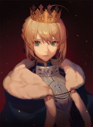 Rule 34 | 1girl, ahoge, armor, artoria pendragon (fate), ask (askzy), blonde hair, braid, cloak, closed mouth, crown, fate/stay night, fate (series), fur trim, green eyes, hair ribbon, looking at viewer, portrait, ribbon, saber (fate), solo, upper body