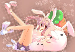 Rule 34 | 1girl, animal ears, animal hood, animal slippers, arms up, breasts, brown background, bunny slippers, clothing cutout, eyebrows, full body, hood, kurohara yuu, leaning back, legs up, long hair, long sleeves, open mouth, original, pink hair, pointy breasts, polka dot, polka dot background, rabbit ears, rabbit hood, rabbit tail, red eyes, shorts, sitting, slippers, solo, stuffed animal, stuffed rabbit, stuffed toy, tail, tail through clothes
