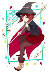 Rule 34 | 1girl, 4 (nakajima4423), ace (playing card), ace of spades, belt, black cape, black hat, black jacket, blazer, blue gemstone, blunt ends, bob cut, boots, brown eyes, brown footwear, brown vest, cape, card, collared shirt, commentary request, confetti, danganronpa (series), danganronpa v3: killing harmony, footwear ribbon, full body, gem, gem hair ornament, grey pantyhose, grey ribbon, hat, hat belt, holding, holding staff, jacket, light blush, long sleeves, looking at viewer, miniskirt, neck ribbon, open clothes, open jacket, open mouth, pantyhose, pink belt, playing card, pleated skirt, pointy footwear, red cape, red hair, red skirt, ribbon, shirt, short hair, simple background, skirt, solo, spade (shape), staff, teeth, two-sided cape, two-sided fabric, upper teeth only, vest, white background, white ribbon, white shirt, witch hat, yumeno himiko