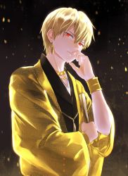Rule 34 | 1boy, absurdres, black background, blonde hair, bracelet, closed mouth, earrings, fate/grand order, fate (series), folding fan, gilgamesh (fate), gilgamesh (formal dress) (fate), hand fan, highres, holding, holding fan, japanese clothes, jewelry, kimono, looking at viewer, male focus, miki (horop), necklace, official alternate costume, red eyes, solo, upper body, yellow kimono, yukata