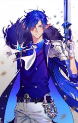 Rule 34 | 1boy, belt, belt buckle, blue eyes, blue hair, blue shirt, buckle, chain, chevalier (elsword), ciel (elsword), elsword, facial mark, forehead mark, fur scarf, gloves, gun, highres, holding, holding gun, holding weapon, looking at viewer, male focus, pants, pointy ears, shirt, simple background, solo, standing, weapon, white background, white gloves, white neckwear, white pants, yuushi