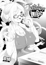 Rule 34 | 1girl, ahoge, behind another, bestiality, between breasts, blush, breasts, cleavage, coat, commentary, consensual tentacles, cover, cover page, desk, glasses, greyscale, happy, heart, holding, holding pen, interspecies, lab coat, large breasts, monochrome, one eye closed, open clothes, open coat, open mouth, original, paper, pen, semi-rimless eyewear, sitting, solo, tentacles, tentacles under clothes, title, under-rim eyewear, yana (nekoarashi)