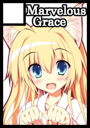 Rule 34 | 1girl, :d, animal ears, black border, blonde hair, blue eyes, border, circle cut, fang, fox ears, looking at viewer, open mouth, original, paw pose, smile, solo, tateha (marvelous grace)