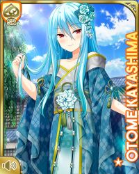 Rule 34 | 1girl, blue hair, card, character name, closed mouth, cosplay, day, flower, girlfriend (kari), green kimono, hair flower, hair ornament, japanese clothes, kayashima otome, kimono, long hair, official art, outdoors, qp:flapper, red eyes, standing, tagme, traditional youkai, very long hair