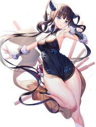 Rule 34 | &gt;:), 1girl, armband, armpits, bare shoulders, black dress, black footwear, black hair, blue eyes, blush, breasts, closed mouth, commentary request, detached sleeves, dress, fate/grand order, fate (series), floral print, flute, fur trim, hair ornament, high heels, highres, instrument, long hair, looking at viewer, medium breasts, outstretched arm, ririko (zhuoyandesailaer), shoe soles, shoes, short dress, sidelocks, simple background, sleeveless, sleeveless dress, smile, solo, standing, standing on one leg, thighs, twintails, v-shaped eyebrows, very long hair, white background, yang guifei (fate), yang guifei (second ascension) (fate)