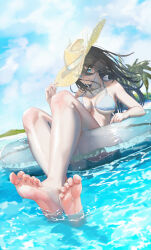 1girl absurdres barefoot beach bikini black_hair blue_eyes feet hat highres innertube long_hair looking_at_viewer smile soles sun_hat suou_makoto swim_ring swimsuit toes water