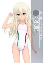 Rule 34 | 1girl, :p, :q, artist name, blonde hair, blue eyes, character name, collarbone, competition swimsuit, cowboy shot, eyes visible through hair, flat chest, grecale (kancolle), hair between eyes, highres, inaba shiki, italian flag, kantai collection, long hair, multicolored clothes, multicolored swimsuit, one-piece swimsuit, simple background, solo, standing, striped clothes, striped one-piece swimsuit, swimsuit, tongue, tongue out, vertical-striped clothes, vertical-striped one-piece swimsuit, wavy hair, white background, white one-piece swimsuit