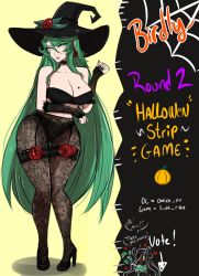 Rule 34 | 1girl, breasts, curvy, flower, green eyes, green hair, halloween, hat, high heels, highres, large breasts, long hair, mature female, omiza somi, original, panties, panties under pantyhose, pantyhose, rose, strip game, thick thighs, thighhighs, thighs, underwear, very long hair, witch, witch hat