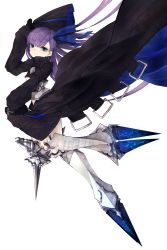 Rule 34 | 1girl, absurdres, armor, armored boots, black coat, blue eyes, boots, closed mouth, coat, fate/grand order, fate (series), floating hair, from side, hand up, hands in opposite sleeves, highres, leg up, long hair, looking at viewer, meltryllis (fate), purple hair, riuichi, simple background, smile, solo, very long hair, white background