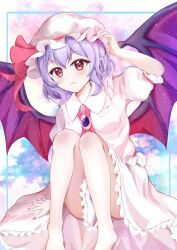 Rule 34 | 1girl, arm support, arm up, bare legs, barefoot, bat wings, closed mouth, collared dress, dress, foot out of frame, frilled hat, frilled shirt collar, frilled sleeves, frills, gem, hand on headwear, hat, highres, knees up, legs, light particles, looking at viewer, medium hair, mob cap, multicolored background, pink nails, pointy ears, puffy short sleeves, puffy sleeves, purple gemstone, purple hair, red eyes, remilia scarlet, shirotsuki shirone, short sleeves, sidelocks, sitting, smile, solo, sparkling eyes, spread wings, thighs, touhou, white dress, white hat, wings