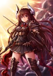 Rule 34 | 10s, 1girl, ahoge, armor, armpits, belt pouch, black dress, black gloves, black thighhighs, breastplate, breasts, brooch, brown hair, closed mouth, cowboy shot, draph, dress, dual wielding, elbow gloves, forte (shingeki no bahamut), gloves, granblue fantasy, holding, holding weapon, horns, jewelry, lance, long hair, looking at viewer, neck ribbon, pauldrons, polearm, pouch, red eyes, red ribbon, ribbon, serious, shadowverse, shingeki no bahamut, short dress, shoulder armor, small breasts, solo, sumapan, thighhighs, vambraces, very long hair, weapon