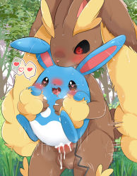 Rule 34 | 1boy, :3, ajiwo, animal nose, azumarill, black sclera, blush, body fur, colored sclera, cowboy shot, creatures (company), cum, day, drooling, erection, full body, furry, furry female, furry male, furry with furry, game freak, gen 2 pokemon, gen 4 pokemon, grass, hands up, happy sex, heart, heart-shaped pupils, held up, highres, hug, hug from behind, looking at another, looking down, lopunny, motion lines, mouth drool, nintendo, nose blush, open mouth, outdoors, penis, pink eyes, pokemon, pokemon (creature), red eyes, saliva, sex, smile, standing, sweat, symbol-shaped pupils, testicles, tree, trembling, two-tone fur, uncensored, white fur, wide-eyed, yellow fur