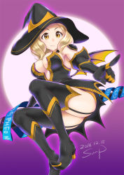 Rule 34 | 1girl, artist name, ass, bat wings, black footwear, blonde hair, blush, boots, breasts, dated, dress, elbow gloves, flying, from below, full moon, garter straps, gloves, hat, high heel boots, high heels, index finger raised, large breasts, long hair, looking at viewer, moon, panties, pointing, pointing at viewer, school girl strikers, short dress, shoulder pads, smile, solo, staff, strapless, strapless dress, sunsun69, thigh boots, thighhighs, thong, underwear, wings, witch, witch hat, yamabuki kaede (school girl strikers), yellow eyes