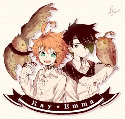 Rule 34 | 1boy, 1girl, 728ret, :p, ahoge, animal, bad id, bad twitter id, bird, black hair, braid, character name, colored skin, emma (yakusoku no neverland), green eyes, hair over one eye, long sleeves, looking at another, neck tattoo, number tattoo, open mouth, orange hair, owl, ray (yakusoku no neverland), scarf, shirt, short hair, signature, simple background, skirt, smile, standing, tattoo, tongue, tongue out, white background, white shirt, white skin, white skirt, yakusoku no neverland