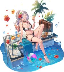 Rule 34 | 1girl, aqua eyes, artist request, ball, bare arms, bare legs, bare shoulders, barefoot, beachball, bikini, black bikini, black choker, black straps, bottle, bracelet, bread, breasts, cellphone, choker, cup, drink, fang, final gear, flower, food, fruit, full body, gradient hair, hair between eyes, hair flower, hair ornament, half updo, hibiscus, hibiscus petals, high ponytail, highres, holding, holding cup, jewelry, knot, large breasts, long hair, mandarin orange, midriff, multicolored hair, nail polish, navel, official art, one eye closed, open mouth, orange (fruit), orange slice, parted bangs, phone, pool, red flower, red nails, red petals, side-tie bikini bottom, simple background, skin fang, solo, solveig (final gear), spaghetti strap, striped towel, suitcase, swimsuit, tachi-e, thigh strap, third-party source, towel, transparent background, tray, tree, two-tone bikini, two-tone hair, vertical-striped towel, water, water drop, wine bottle, yellow flower