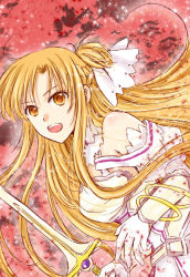 Rule 34 | 1girl, :d, armor, asuna (stacia), blonde hair, bracelet, braid, breastplate, detached sleeves, floating hair, french braid, from side, gloves, hair between eyes, holding, holding sword, holding weapon, jewelry, kanaoto neiro, long hair, open mouth, red sky, sky, smile, solo, sword, sword art online, very long hair, weapon, white armor, white gloves, white sleeves, yellow eyes