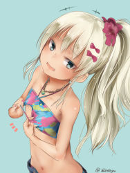 Rule 34 | +++, 1girl, akino shuu, bikini, blonde hair, blue background, blush, bow, collarbone, fang, fingernails, flower, from above, grecale (kancolle), green eyes, hair bow, hair flower, hair ornament, jewelry, kantai collection, long hair, lowleg, lowleg shorts, nail polish, navel, necklace, open mouth, pink bow, pink flower, pink nails, shorts, simple background, solo, strapless, swimsuit, teasing, tsurime, tube top, twitter username, upper body