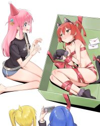 Rule 34 | 4girls, :3, ahoge, animal collar, animal ears, animal hands, bell, birthday, black shirt, blonde hair, blue eyes, blue hair, blush, bocchi the rock!, box, breasts, cat ears, cat girl, cat tail, cellphone, chen yang yang, collar, collarbone, cube hair ornament, dolphin shorts, envelope, fur trim, gift, gift box, gloves, gotoh hitori, hair between eyes, hair ornament, highres, ijichi nijika, in box, in container, jingle bell, kita ikuyo, long hair, lying, multiple girls, naked ribbon, navel, neck bell, on side, one side up, open mouth, paw gloves, paw shoes, phone, pink hair, red hair, red ribbon, revision, ribbon, shirt, shorts, side ponytail, simple background, sitting, small breasts, smartphone, smile, t-shirt, tail, tail ornament, tail ribbon, white background, yamada ryo, yellow eyes, your present is me