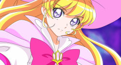 Rule 34 | 1girl, anime coloring, asahina mirai, blonde hair, cape, closed mouth, cure miracle, cure miracle (alexandrite style), damascus (dearigazu2001), earrings, floating hair, hair between eyes, highres, jewelry, long hair, mahou girls precure!, pink cape, pink headwear, pink neckwear, portrait, precure, purple eyes, shirt, solo, white shirt