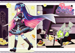 Rule 34 | 10s, 1girl, aged down, aqua eyes, bad id, bad pixiv id, chuck (psg), colored inner hair, dessert, embellished costume, food, fruit, gothic lolita, highres, honekoneko, lolita fashion, long hair, multicolored hair, panty &amp; stocking with garterbelt, smile, stocking (psg), strawberry, striped clothes, striped thighhighs, thighhighs, two-tone hair, walking, yayin (yayin233)