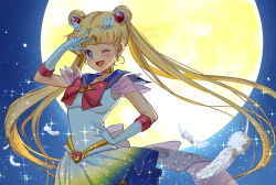 Rule 34 | 1girl, ;d, bishoujo senshi sailor moon, bishoujo senshi sailor moon crystal, bishoujo senshi sailor moon supers, blonde hair, blue eyes, blue sailor collar, bow, bowtie, brooch, chesuke, circlet, collarbone, double bun, elbow gloves, feathers, floating hair, gloves, gradient skirt, hair bun, hair intakes, hand on own hip, heart, heart brooch, highres, jewelry, long hair, looking at viewer, miniskirt, moon, multicolored clothes, multicolored skirt, one eye closed, open mouth, pleated skirt, red bow, red bowtie, sailor collar, sailor moon, sailor senshi uniform, shirt, skirt, sleeveless, sleeveless shirt, smile, solo, standing, super sailor moon, twintails, very long hair, w, white feathers, white gloves, white shirt