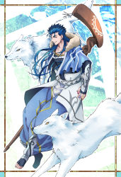 Rule 34 | 1boy, 2others, animal, armor, belt, blue hair, capelet, closed mouth, collarbone, cu chulainn (caster) (fate), cu chulainn (fate), earrings, fate/grand order, fate (series), floating hair, fur-trimmed hood, fur trim, gem, greaves, harem pants, highres, holding, holding staff, hood, hood down, hooded capelet, jewelry, long hair, looking at viewer, male focus, multiple others, pants, red eyes, runes, sateiki7, skin tight, smile, spiked hair, staff, toeless footwear, vambraces, white wolf, wolf, wooden staff