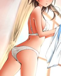 Rule 34 | 10s, 1girl, ass, bra, brown hair, dr rex, frilled bra, frills, from side, head out of frame, lace, lace-trimmed panties, lace trim, nisekoi, onodera kosaki, panties, short hair, standing, underwear, underwear only, white bra, white panties