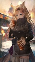 Rule 34 | 00kashian00, 1girl, animal ears, arknights, black hairband, black jacket, blonde hair, blue eyes, can, earphones, earpiece, extra ears, hairband, headband, highres, holding, holding can, horn (arknights), jacket, outdoors, smile, snow, solo, standing, storefront, tail, thighhighs, wolf ears, wolf girl