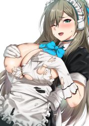 Rule 34 | 1girl, ;d, absurdres, apron, aqua eyes, asuna (blue archive), black dress, blue archive, blue bow, blue bowtie, blush, bow, bowtie, breasts, brown hair, burnt clothes, cleavage, covering privates, covering breasts, dress, elbow gloves, frilled apron, frills, gloves, highres, large breasts, long hair, looking at viewer, maid, maid headdress, one breast out, one eye closed, open mouth, ramanda, short sleeves, smile, solo, torn apron, torn clothes, torn dress, upper body, very long hair, white apron, white gloves