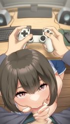 Rule 34 | 1boy, 1girl, blush, brown hair, censored, commentary request, controller, dualshock, eyebrows hidden by hair, fellatio, fisheye, from above, game console, game controller, gamepad, hetero, highres, holding, holding controller, keyboard (computer), looking at viewer, mosaic censoring, oral, original, penis, pink eyes, playstation controller, pov, short hair, solo focus, under table, upturned eyes, wooden floor, yamagara tasuku